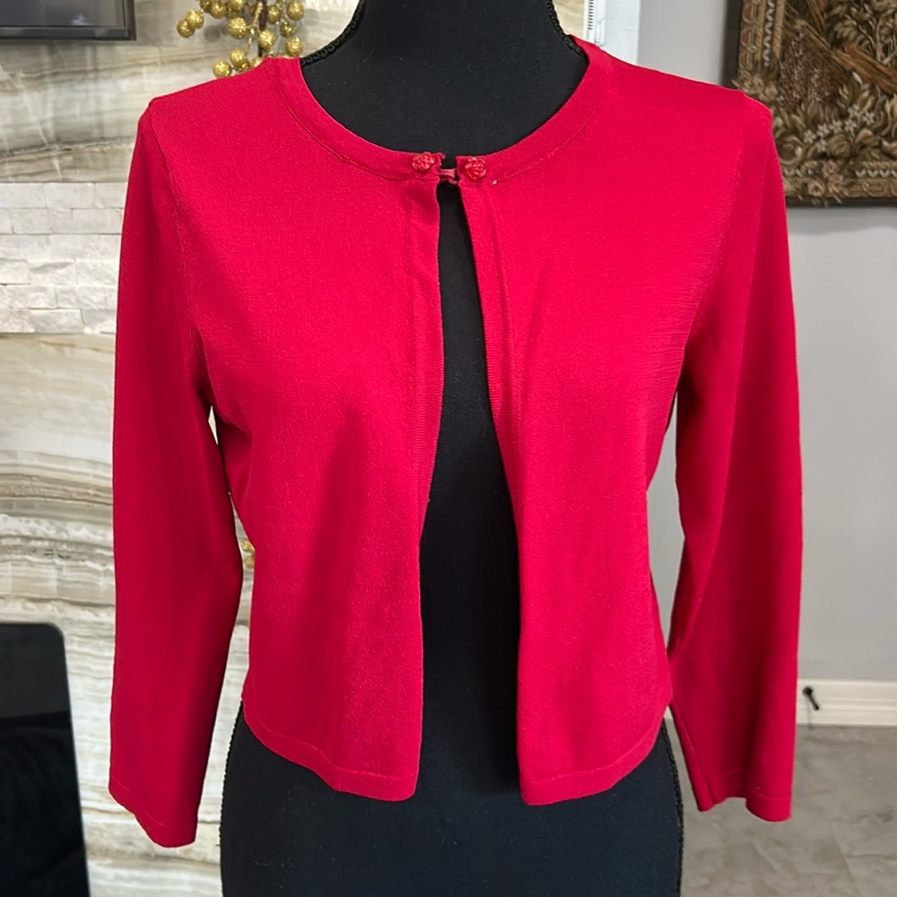 Eva Mendes Bright‎ Red Single Floral Hook Closure Cardigan. Size S (924)